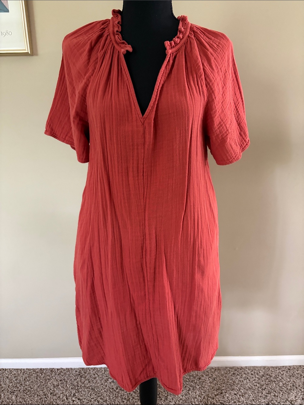 Old Navy Crinkle Gauze Mini Swing Dress Rust Orange Pockets 2023 No Tag Sz S